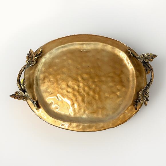 Bloomingdale’s Gold Reverse Painted Glass Serving Tray Ornate Oak Leaf Handles - Picture 1 of 9